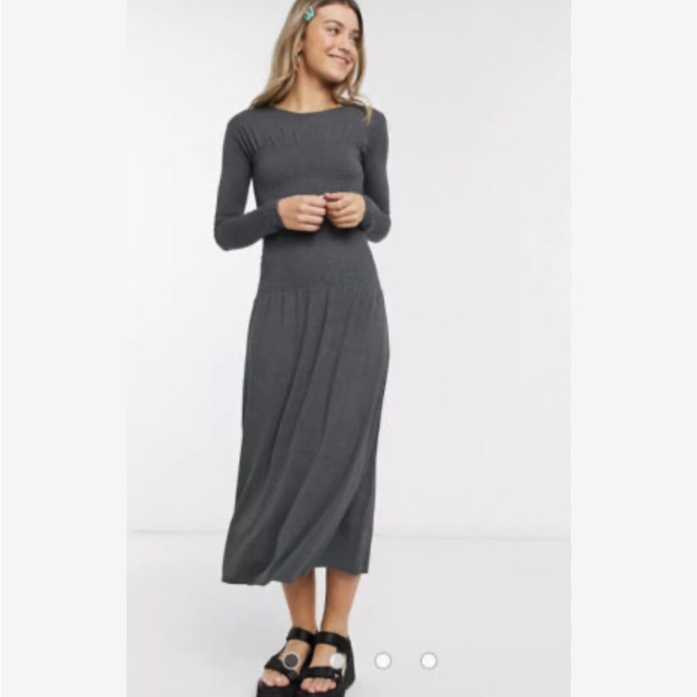 Monki Charcoal Gray Ribbed Long-Sleeve Maxi Dress Viscose Smocked Fall